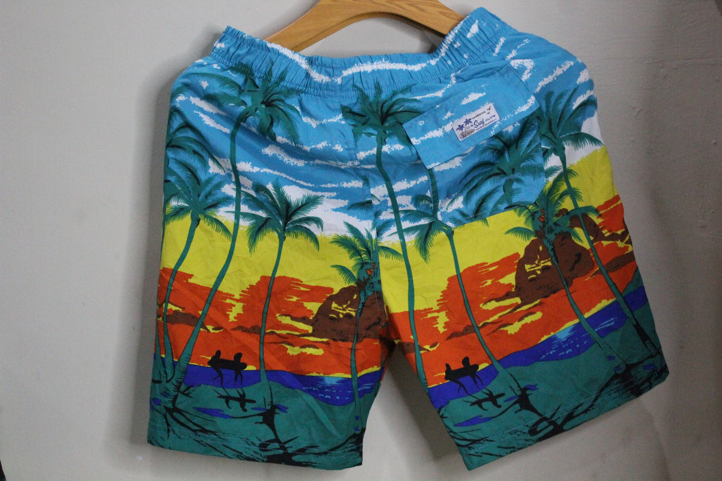 Mens Swim Trunks Sz L Hawaiian Print Beach Surf Board Shorts Elastic Waist