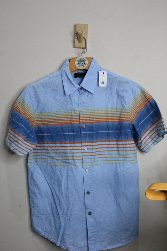 Mens Original Penguin Short Sleeve Stripe Button Down Shirt Blue