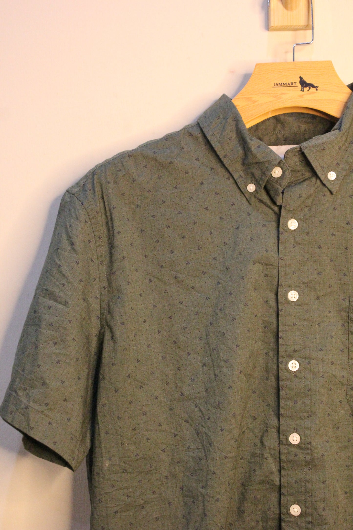CREW Men Green White Polka Dot Classic Fit Button Up Cotton Dress Shirt Small