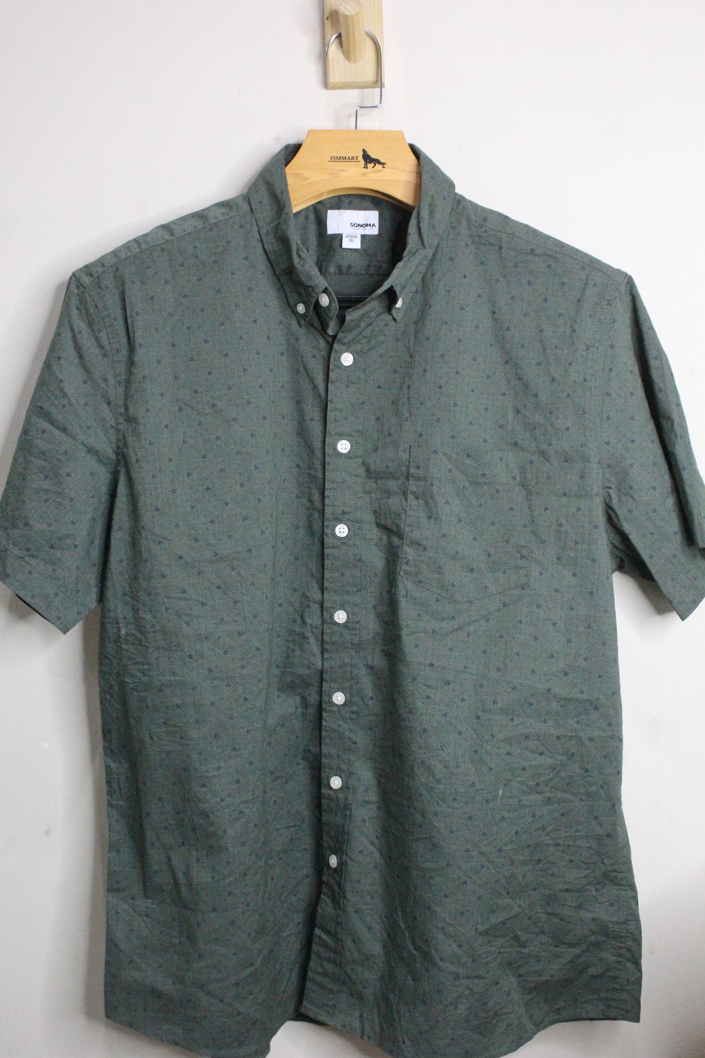 CREW Men Green White Polka Dot Classic Fit Button Up Cotton Dress Shirt Small