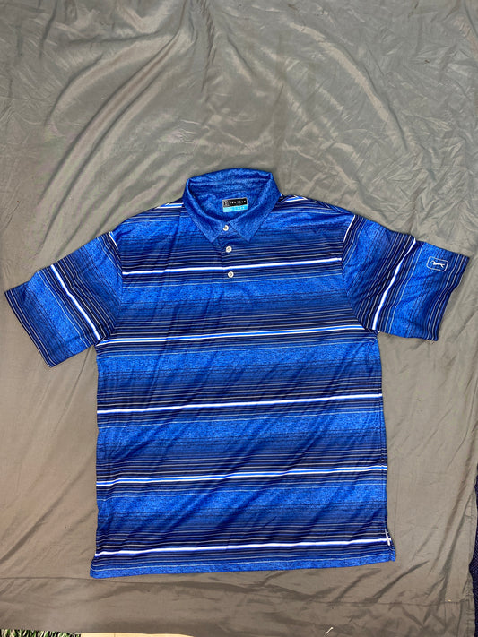 Nike Tennis Polo Shirt Mens Size Large Striped Blue Light Blue Stretch Dri Fit
