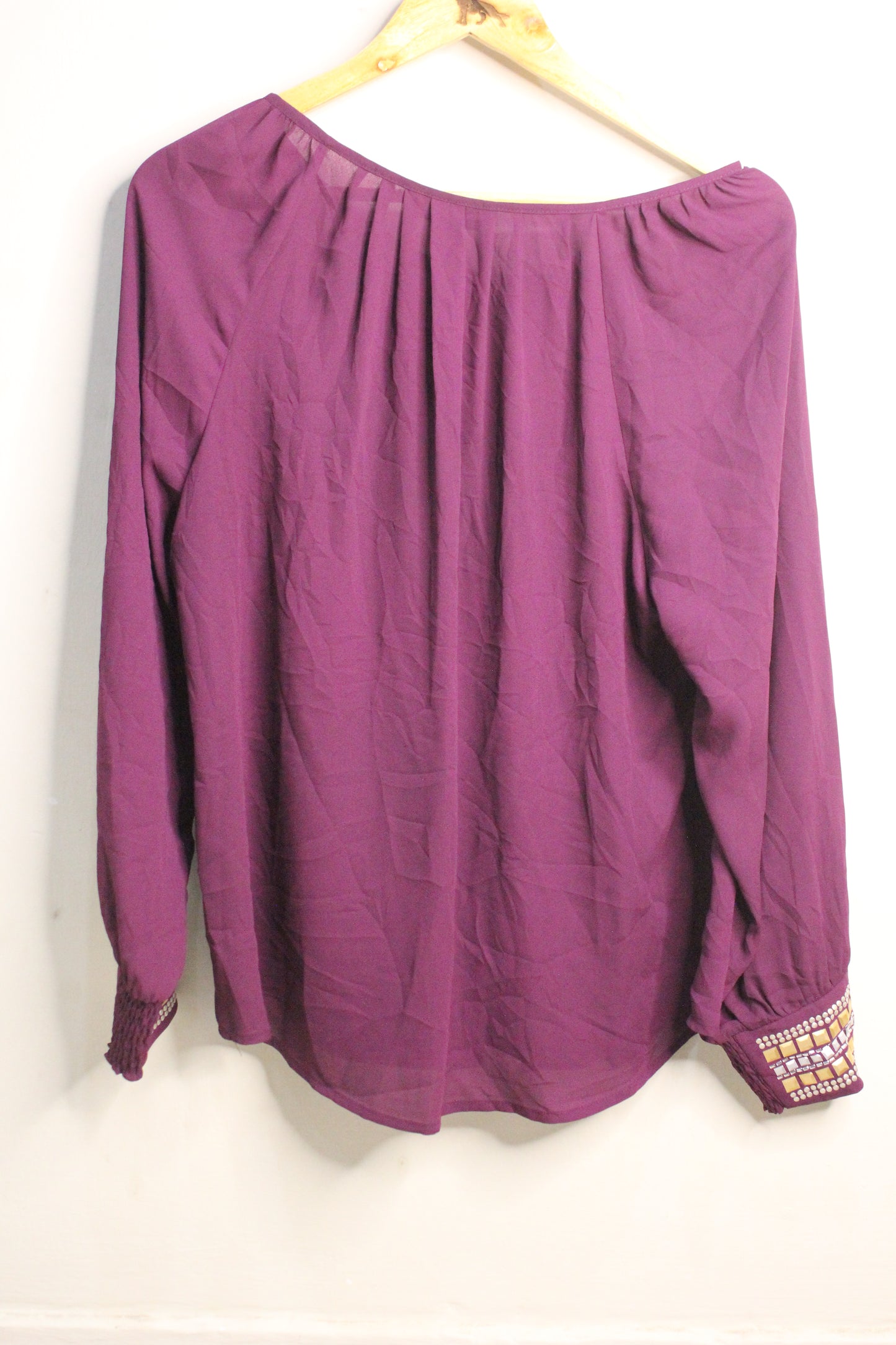 Alfani Blouse Size 10 Burgundy Bedazzled Cuffs Round Neck Top Party Festive