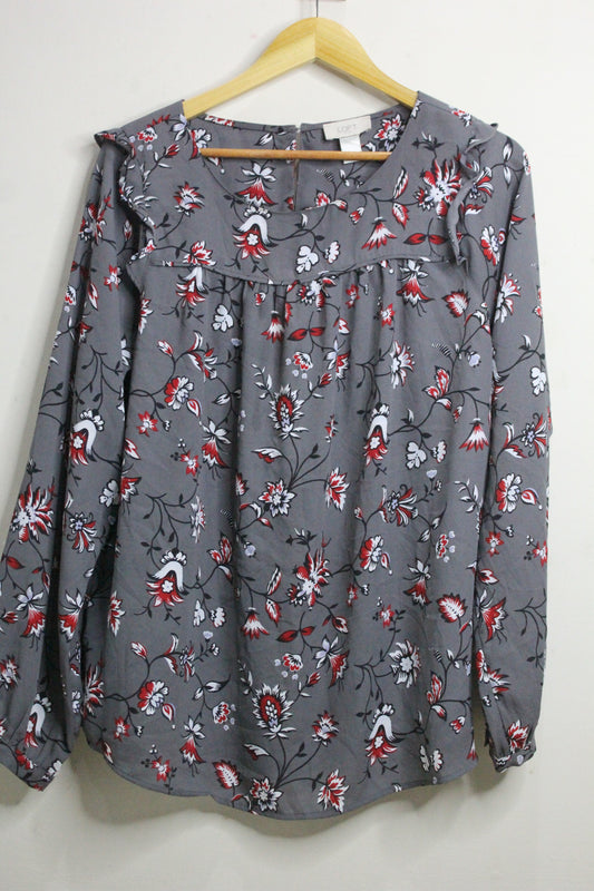Ann Taylor Loft Outlet Long Sleeve Grey Floral Blouse Sz M